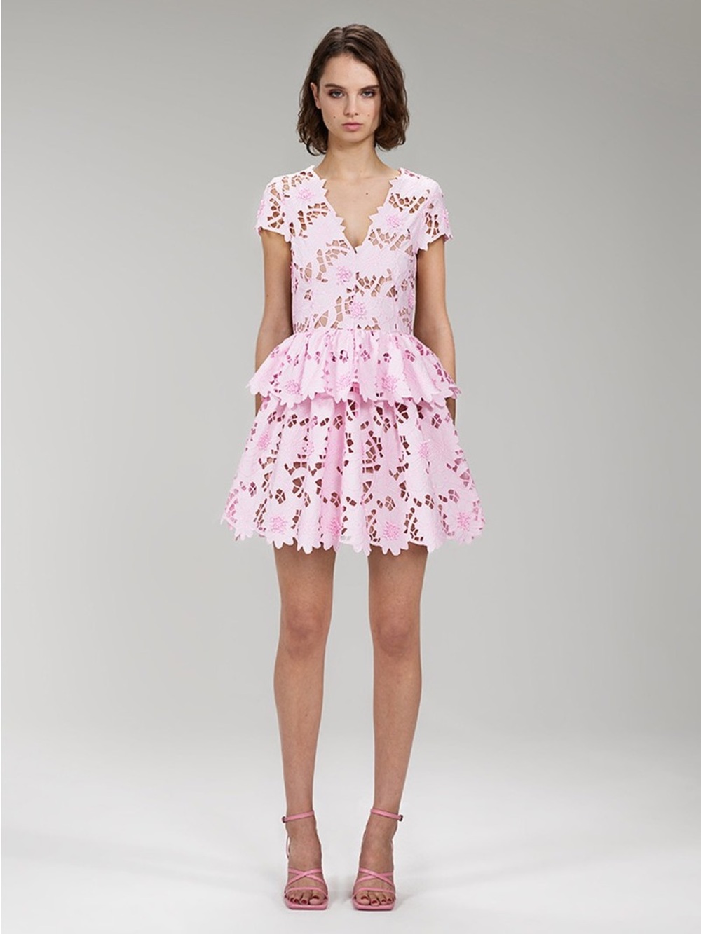 Self-Portrait Pink Eyelet Lace Tiered Mini Dress S 2